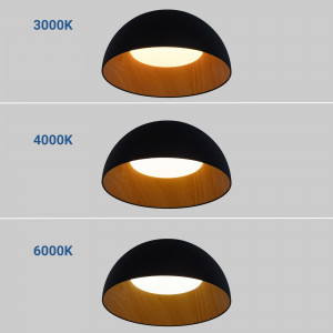 Candeeiros pretos de teto  com três opções de temperatura de luz: 3000K, 4000K e 6000K