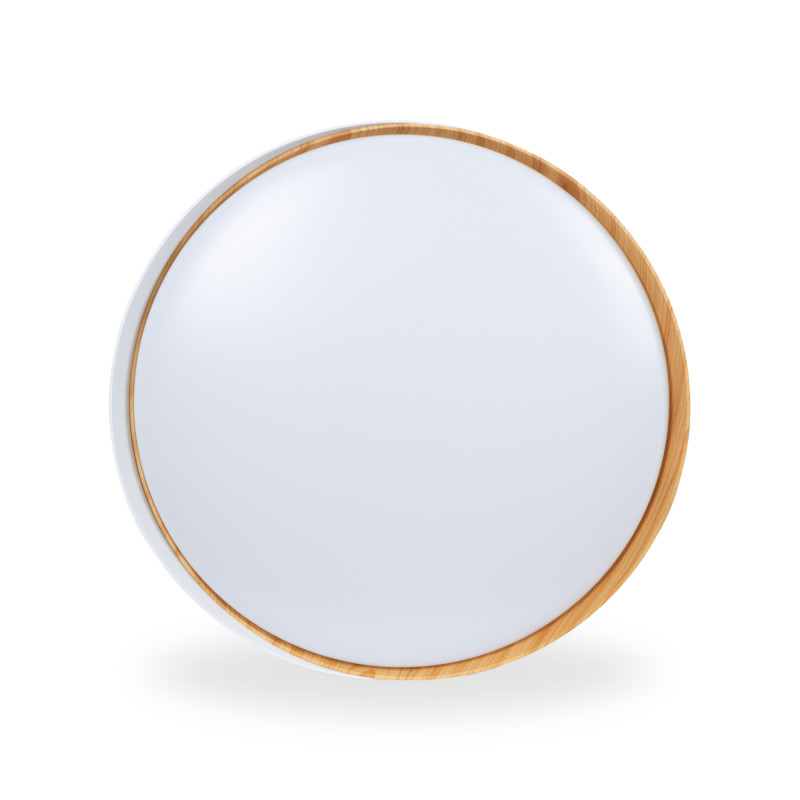 Candeeiro de teto LED CCT branco com acabamento na cor branca e madeira Candeeiro de teto LED CCT branco com acabamento na cor branca e madeira