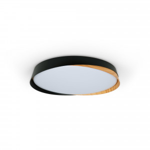 Plafón LED moldura preta com três opções de tonalidade de luz: fria, quente e neutra.