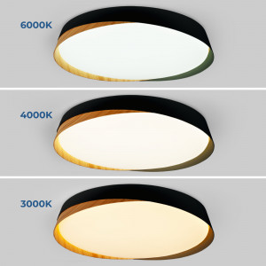 Plafon LED moldura preta com três opções de tonalidade de luz: fria, quente e neutra.