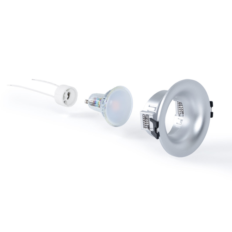 KIT Aro de encastrar Ø86mm (prata) + Lâmpada GU10 5,4W + Casquilho KIT Aro de encastrar Ø86mm (prata) + Lâmpada GU10 5,4W + Casquilho
