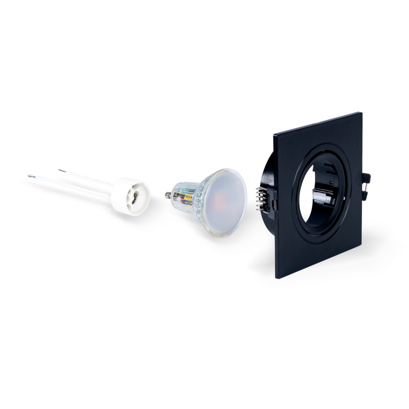 Aro downlight quadrado, lâmpada LED GU10 e casquilho