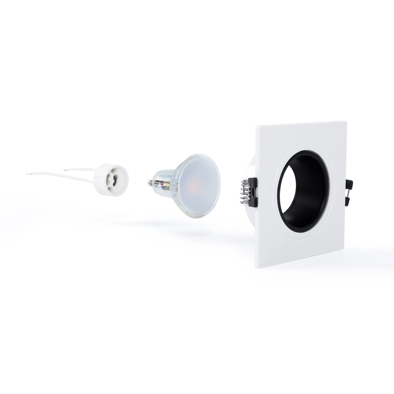 KIT Aro downlight quadrado 93x93mm (preto/branco) + Lâmpada GU10 5,4W + Suporte de lâmpada KIT Aro downlight quadrado 93x93mm (preto/branco) + Lâmpada GU10 5,4W + Suporte de lâmpada