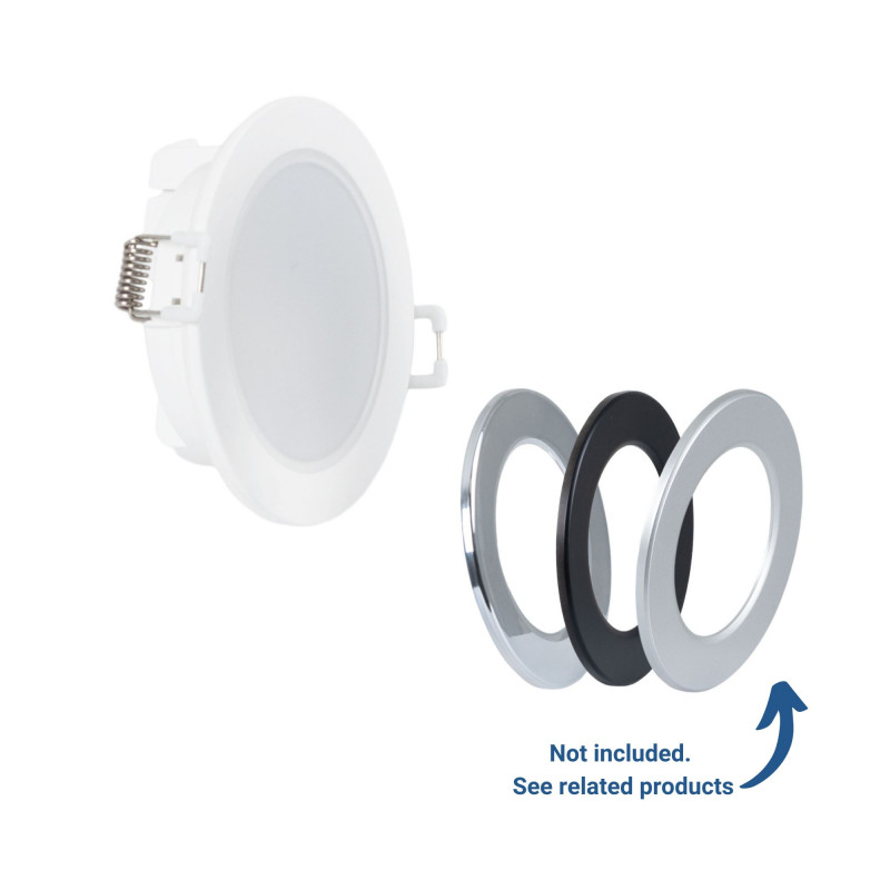 Downlight LED exterior 5W - 4000K - IP65 - TRIAC regulável - Anel intercambiável - Recorte Ø68mm Downlight LED exterior 5W - 4000K - IP65 - TRIAC regulável - Anel intercambiável - Recorte Ø68mm
