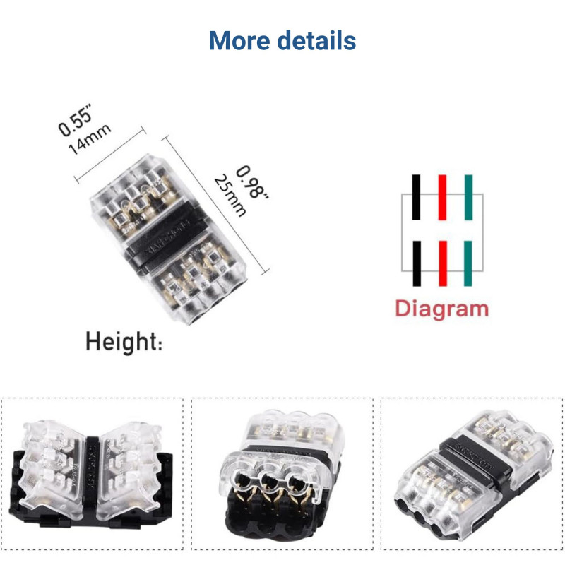 Conector rápido reto para 3 cabos - 0,34~0,54 mm² - 300V / 9A Conector rápido reto para 3 cabos - 0,34~0,54 mm² - 300V / 9A