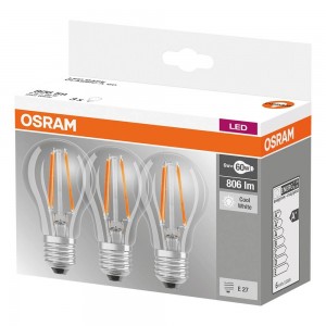 Pack poupança de 3 lâmpadas LED OSRAM E27 A60 6,5W transparente