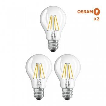 Pack poupança de 3 lâmpadas LED OSRAM E27 A60 6,5W transparente Pack poupança de 3 lâmpadas LED OSRAM E27 A60 6,5W transparente
